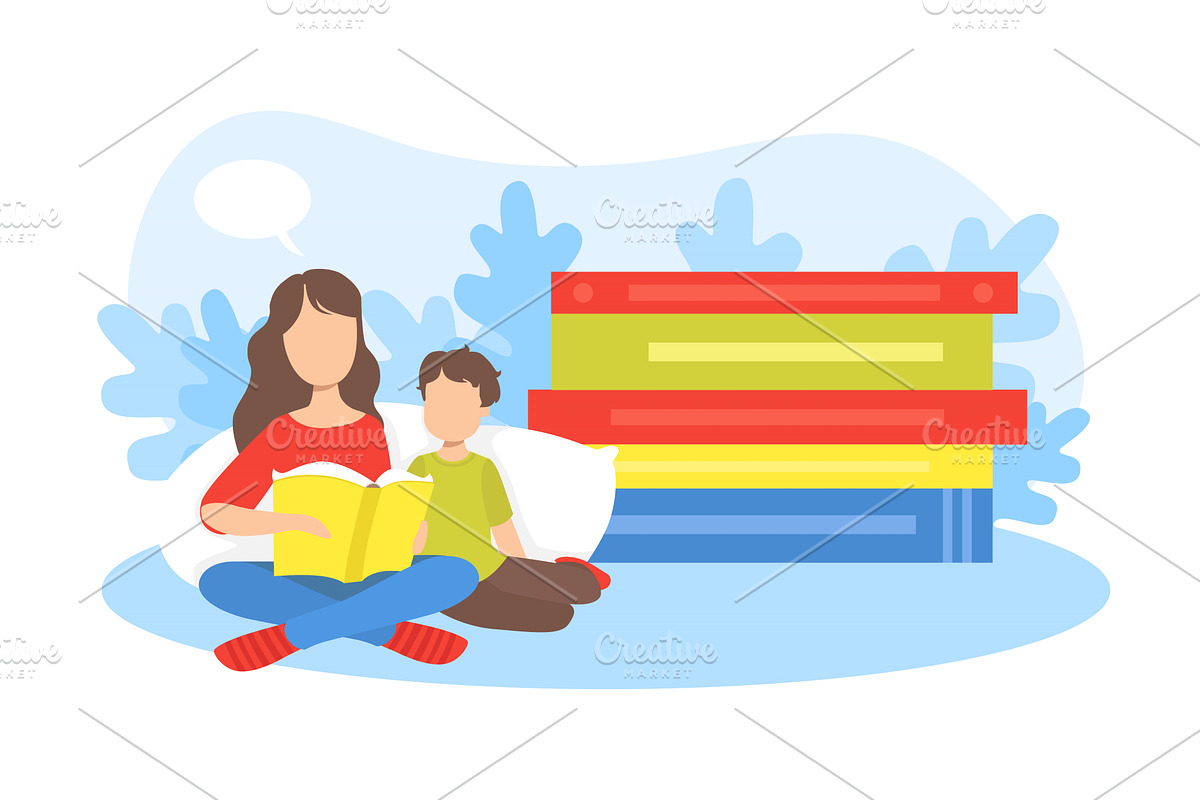Mother Reading Book to Her Son, a Person Illustration by TopVectors