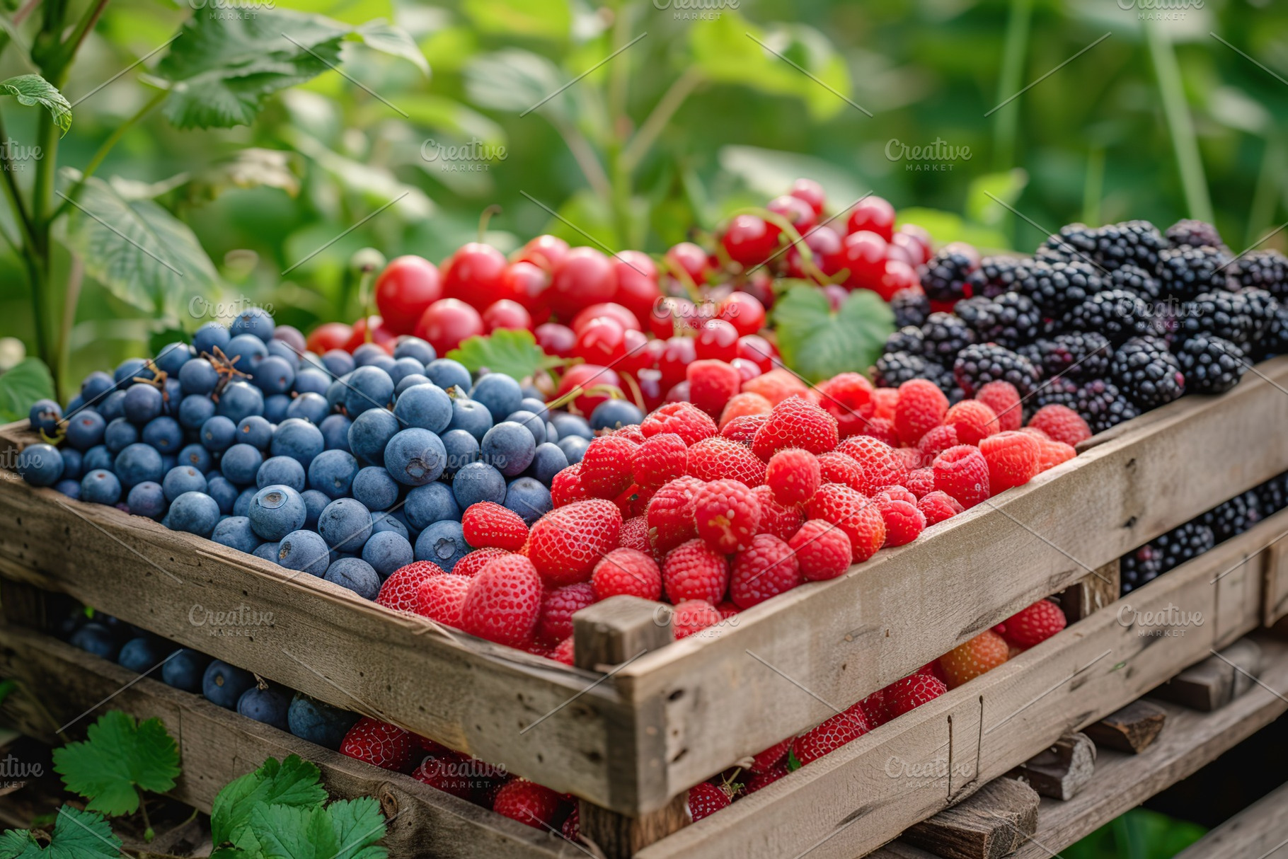 Fresh ripe berries in wooden crate in the garden, a Food & Drink Photo by AlyaAnd