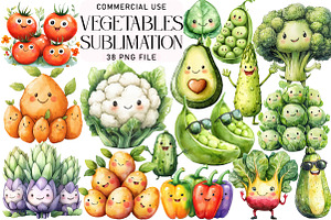 Cute Vegetables Sublimation Clipart, an Illustration by Daily.Designs