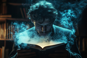A psycholinguist man reading a book surrounded by mystical smoke and glowing li, a Person Photo by Textures & Backgrounds