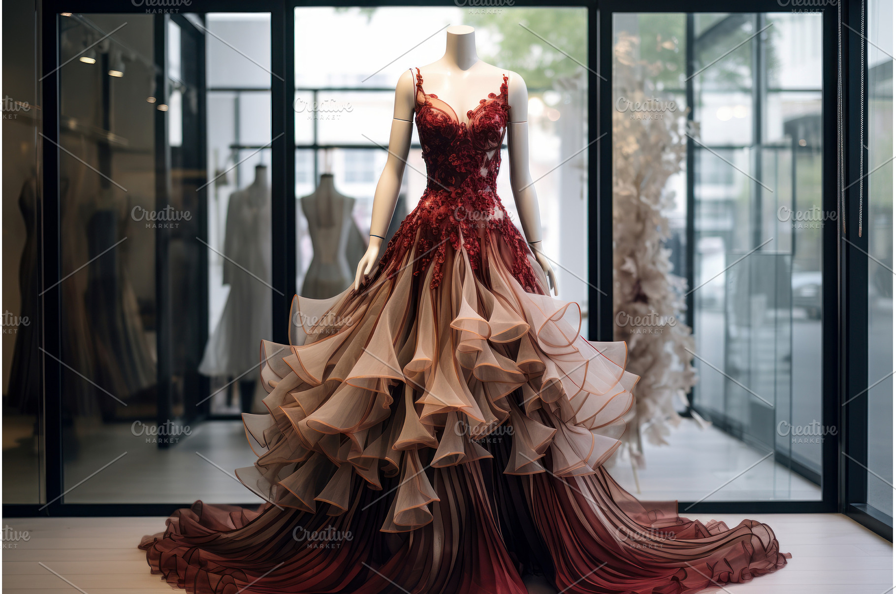 Elegant red evening gown on display, a Beauty & Fashion Photo by Ylivdesign