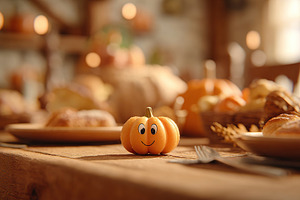 Sneaking cute pumpkin at a Thanksgiving table filled with delicious food and wa, a Holiday Photo by AlyaAnd