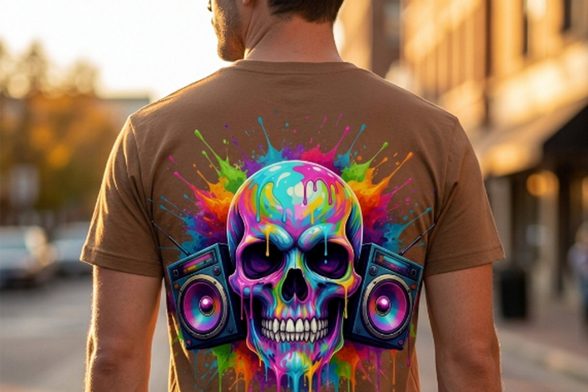 Neon Boombox Skull Splash Art, a Shirt Mockup by Vector Stall (Photo 2 of 15)