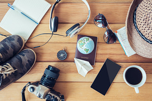 Travel accessories mock up featuring accessories, activity, and adventure