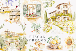 Tuscan clipart Italian watercolor, a Decorative Illustration by Patishop Art