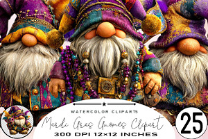 Watercolor Mardi Gras Gnomes Clipart, an Illustration by SVGArt