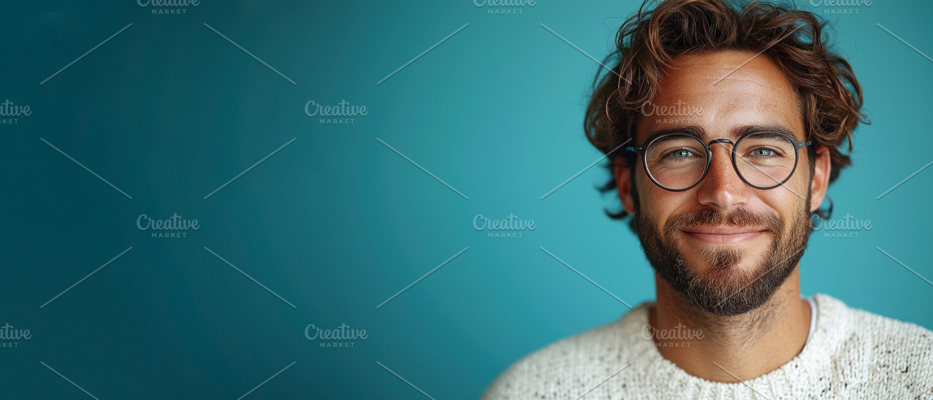 Smiling man with curly hair and beard wearing glasses and white, a Person Photo by José Manuel Gelpi