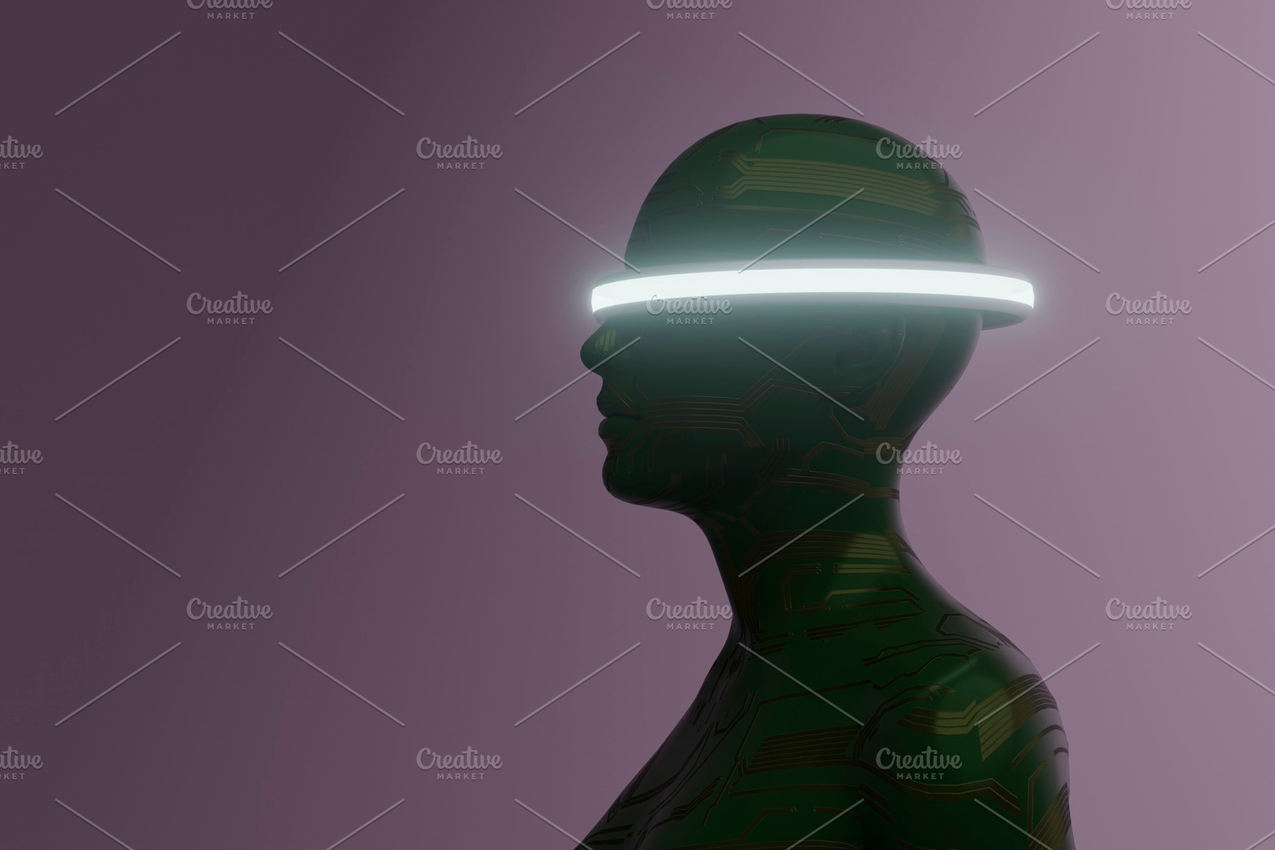 Green circuit humanoid with glowing circular visor, a Technology Photo by RF Images