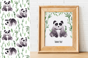 Watercolor Panda. Patterns, Cliparts