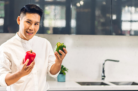 Portrait of smiling professional handsome asian man chef look at, a Person Photo by Art_Photo