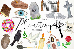 Watercolor Cemetery Clipart, Funeral