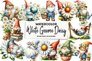 Watercolor White Gnome Daisy Clipart, an Illustration by DreamArtGraphic