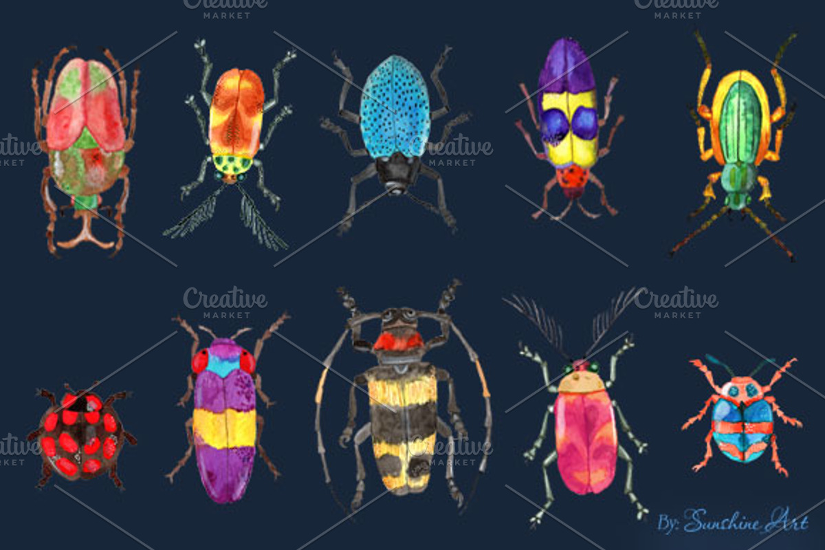 Set of Watercolor Whimsical Insects, an Animal Illustration by Sunshine Art Shop (Photo 5 of 7)