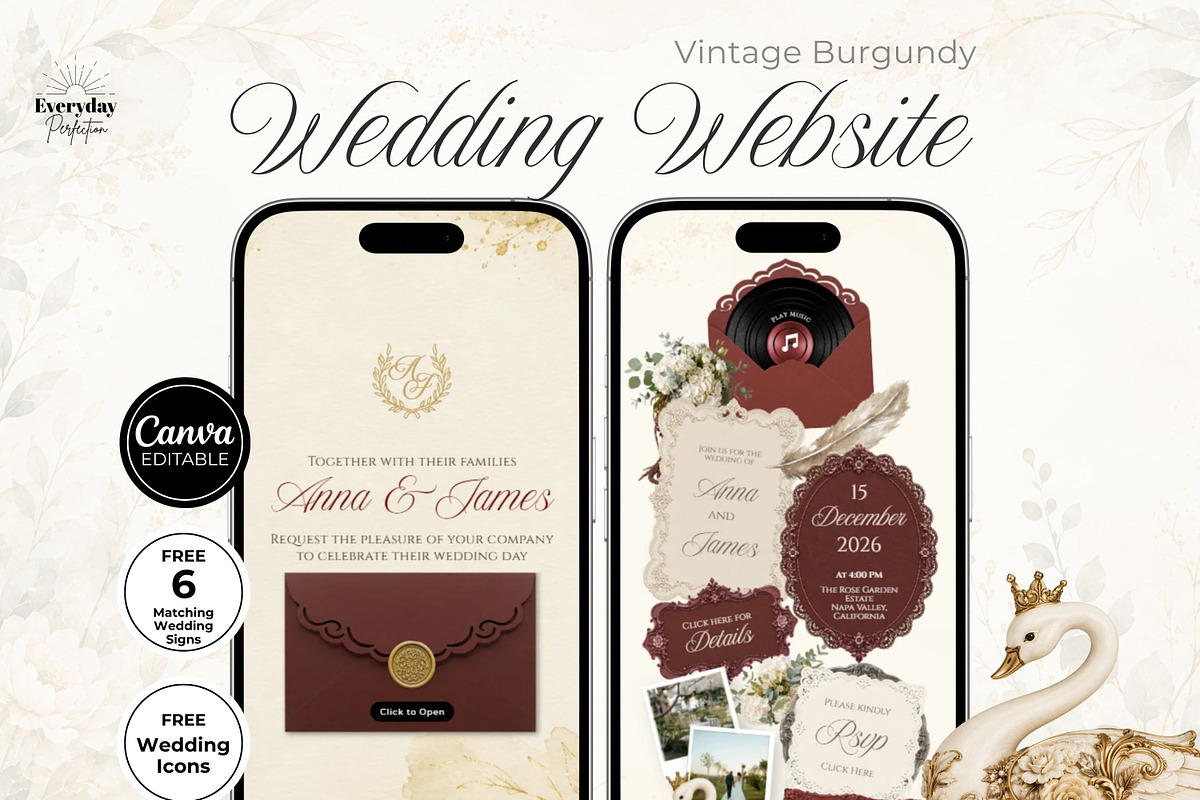 Vintage Burgundy Wedding Website, a Landing Page Template by Everyday Perfection (Photo 1 of 13)