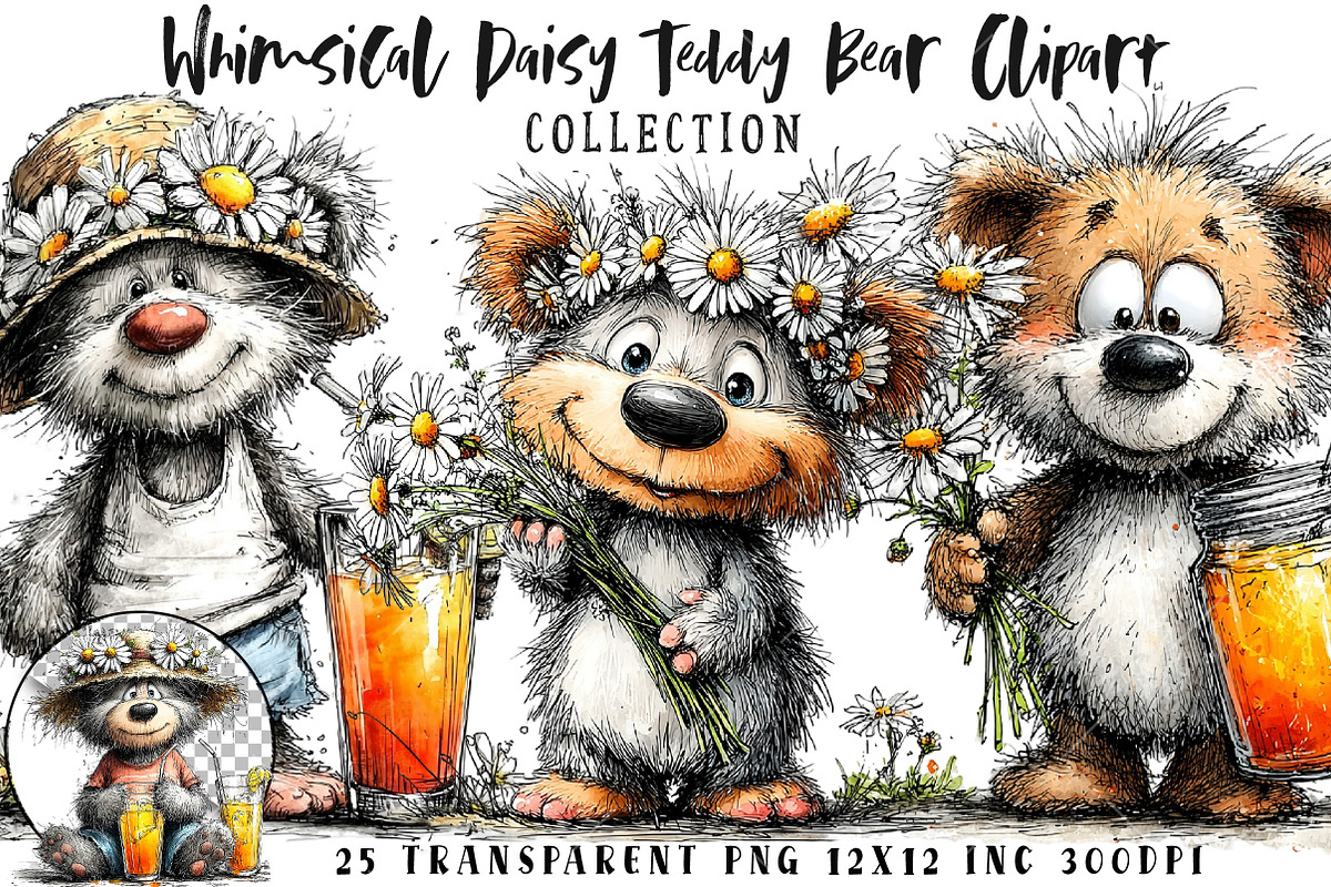 Whimsical Daisy Teddy Bear Clipart, a Seasonal Illustration by OK Design (Photo 1 of 6)