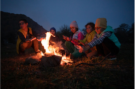 Children after hiking have a picnic, a Nature Photo by oksix