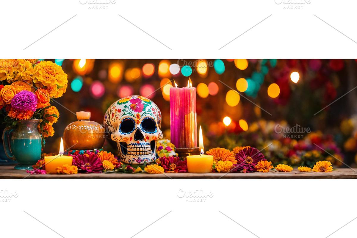 Altar with skull flowers and candles, an Illustration by yanadjana