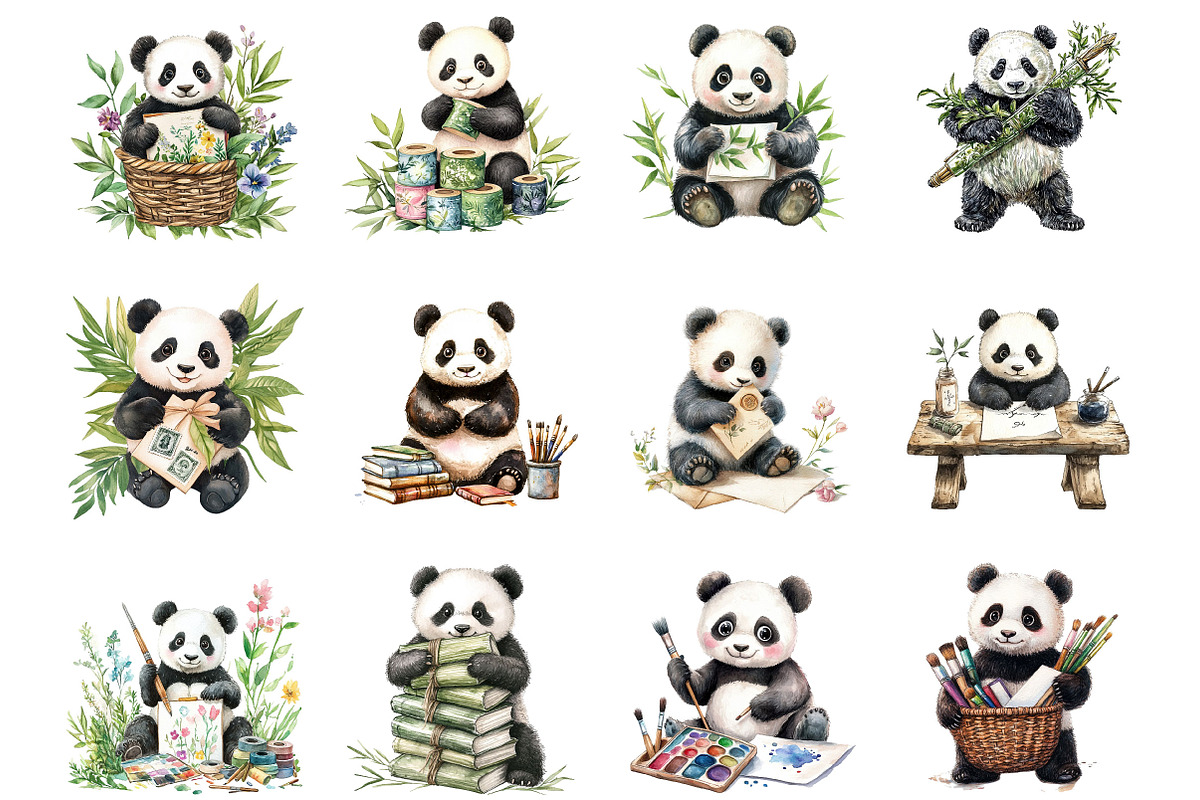 Watercolor Book Lover Panda clipart, a Seasonal Illustration by Designking (Photo 2 of 5)