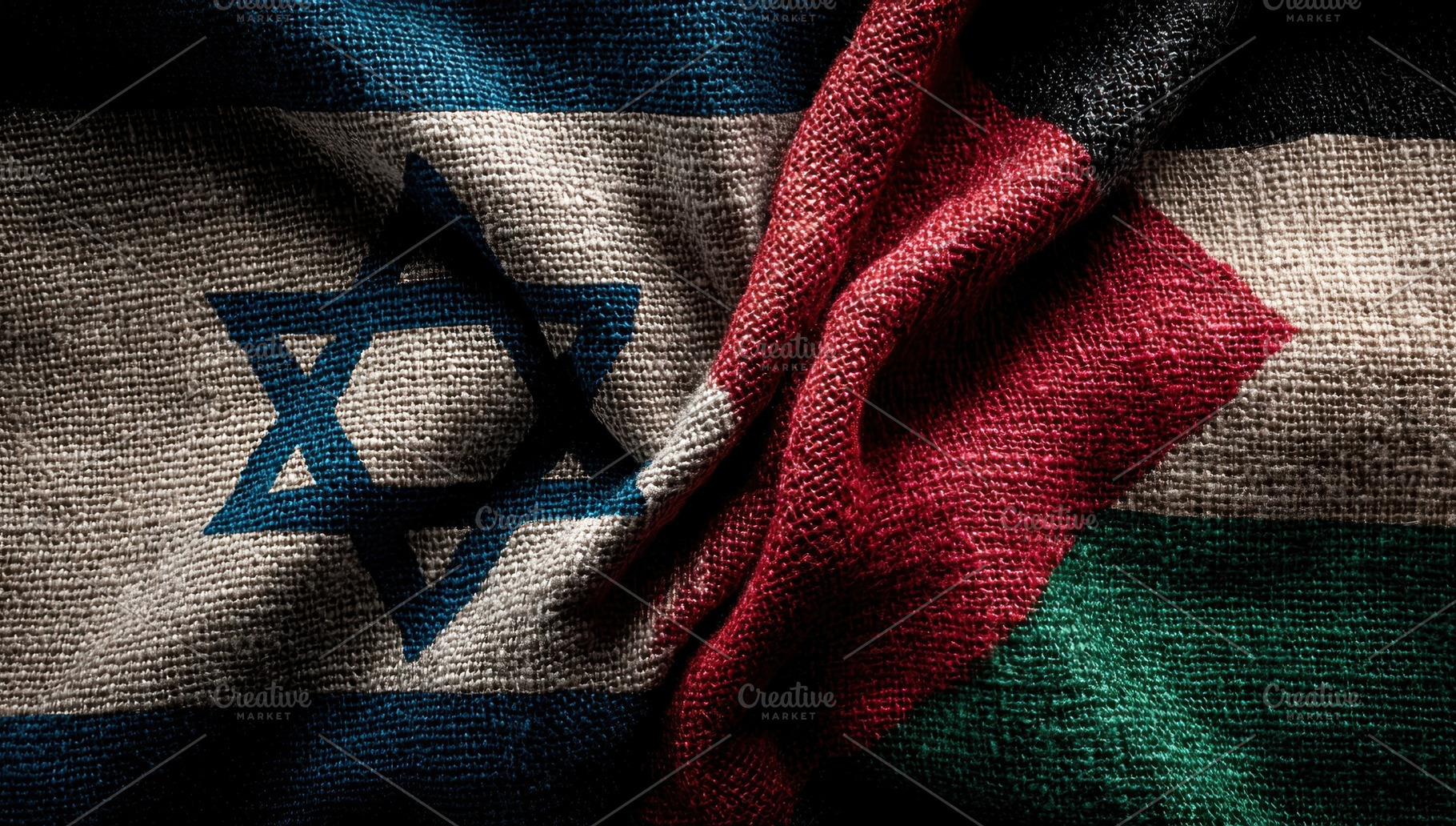 Israeli and Palestinian flags merged on textured fabric symbolizing conflict, t, a Background Photo by José Manuel Gelpi