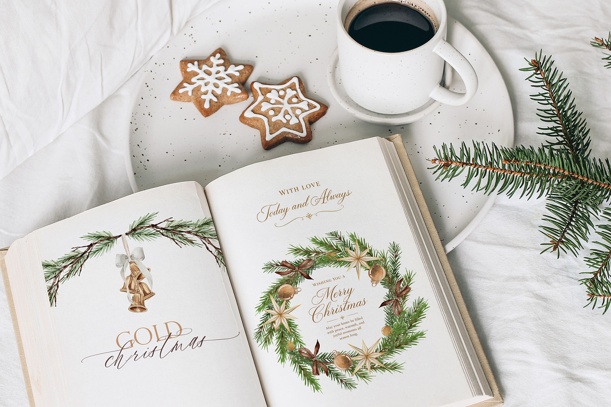 Gold Christmas Watercolor Clipart, a Decorative Illustration by Beigetime (Photo 14 of 18)