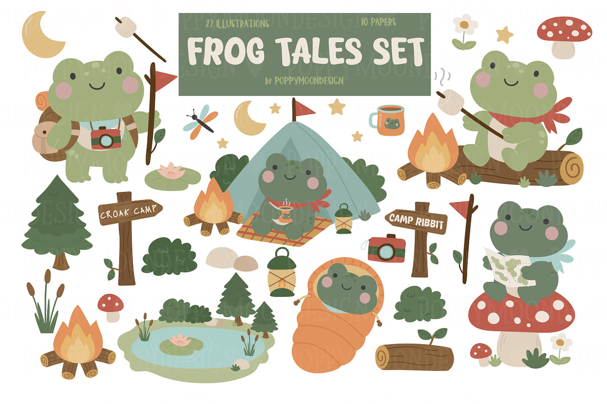 Frog Tales clipart & paper set, an Animal Illustration by Poppymoondesign (Photo 1 of 5)