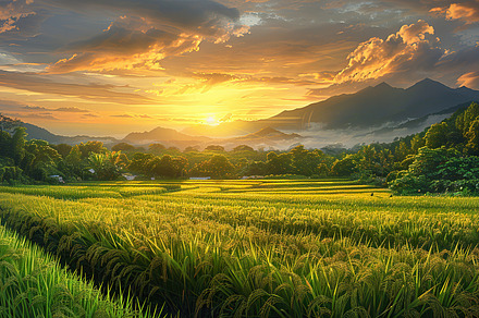 A vibrant painting of a sunset with, a Photo by LOGOCREATIVE