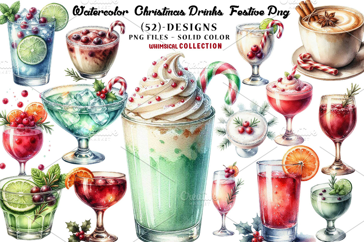 Watercolor Christmas Drinks, a Seasonal Illustration by CreationArt (Photo 1 of 7)