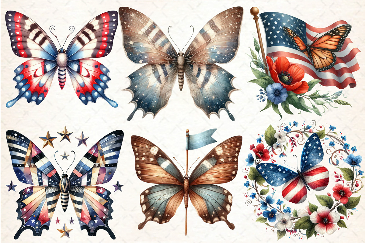 Patriotic Butterfly Clipart 4th of J, an Illustration by DreamCafeArt (Photo 2 of 5)