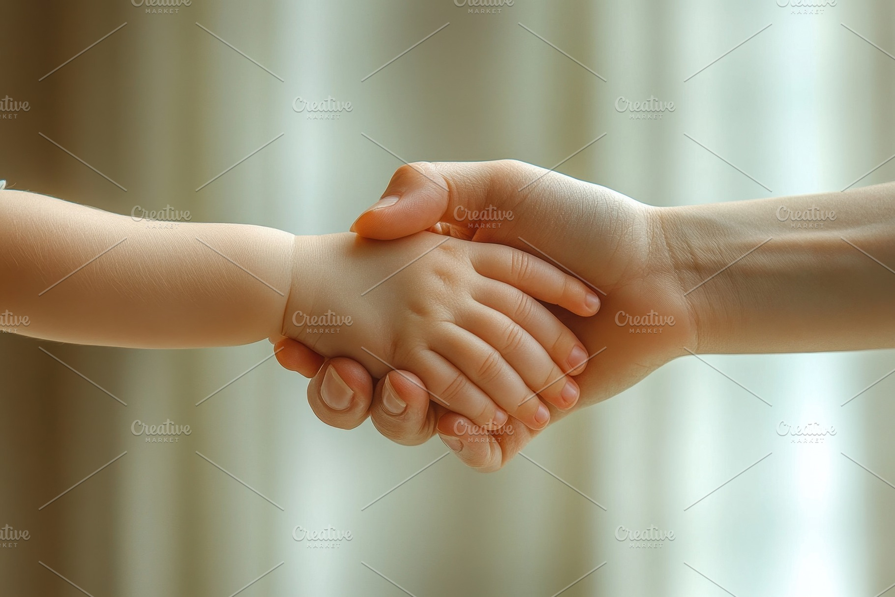 Child and adult hand clasping togeth, a Photo by Tanuart