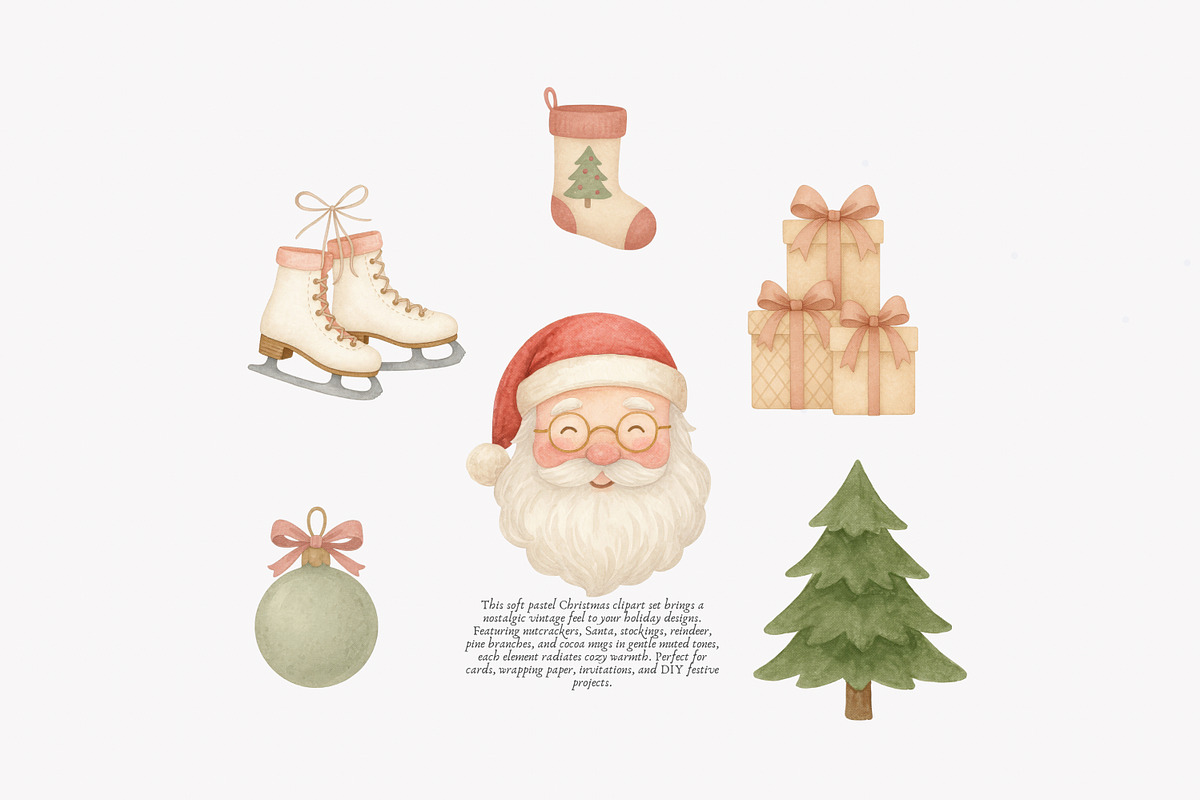 vintage pastel christmas clipart set, a Decorative Illustration by Patishop Art (Photo 2 of 9)