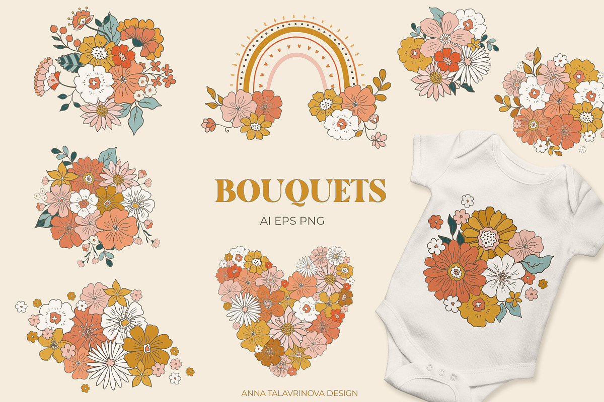 Retro Flowers groovy pattern&clipart, a Background Graphic by Cozy pattern shop (Photo 6 of 10)