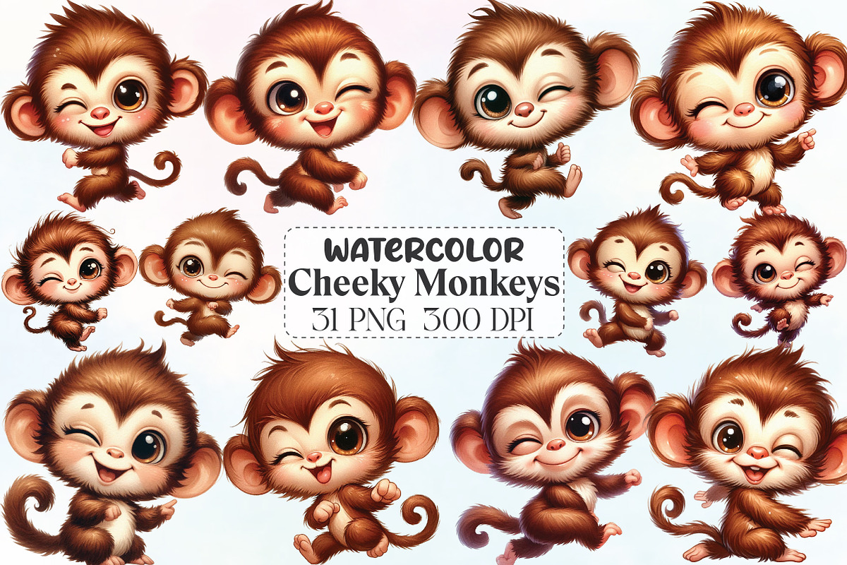 Funny Cheeky Monkeys Clipart, an Illustration by CraftArtStudio (Photo 1 of 6)