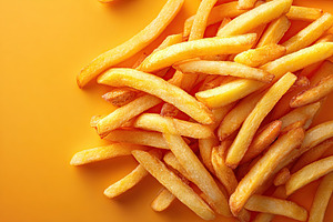 Freshly cooked golden french fries on a vibrant yellow background with crispy t, a Photo by AlyaAnd