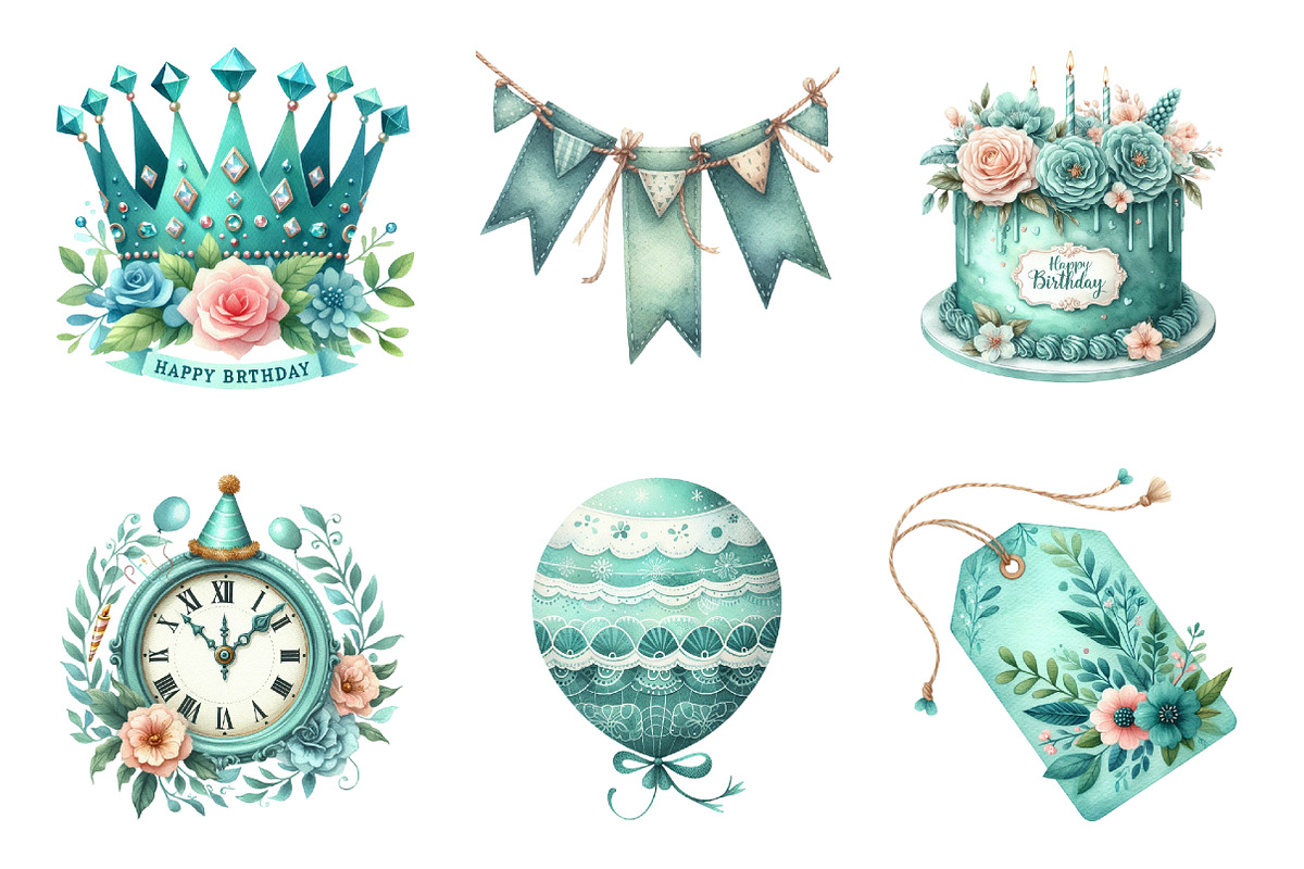 Vintage Soft Teal Birthday Clipart, an Illustration by SinaCreation (Photo 4 of 5)