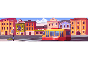 City Street With Houses, Tram And