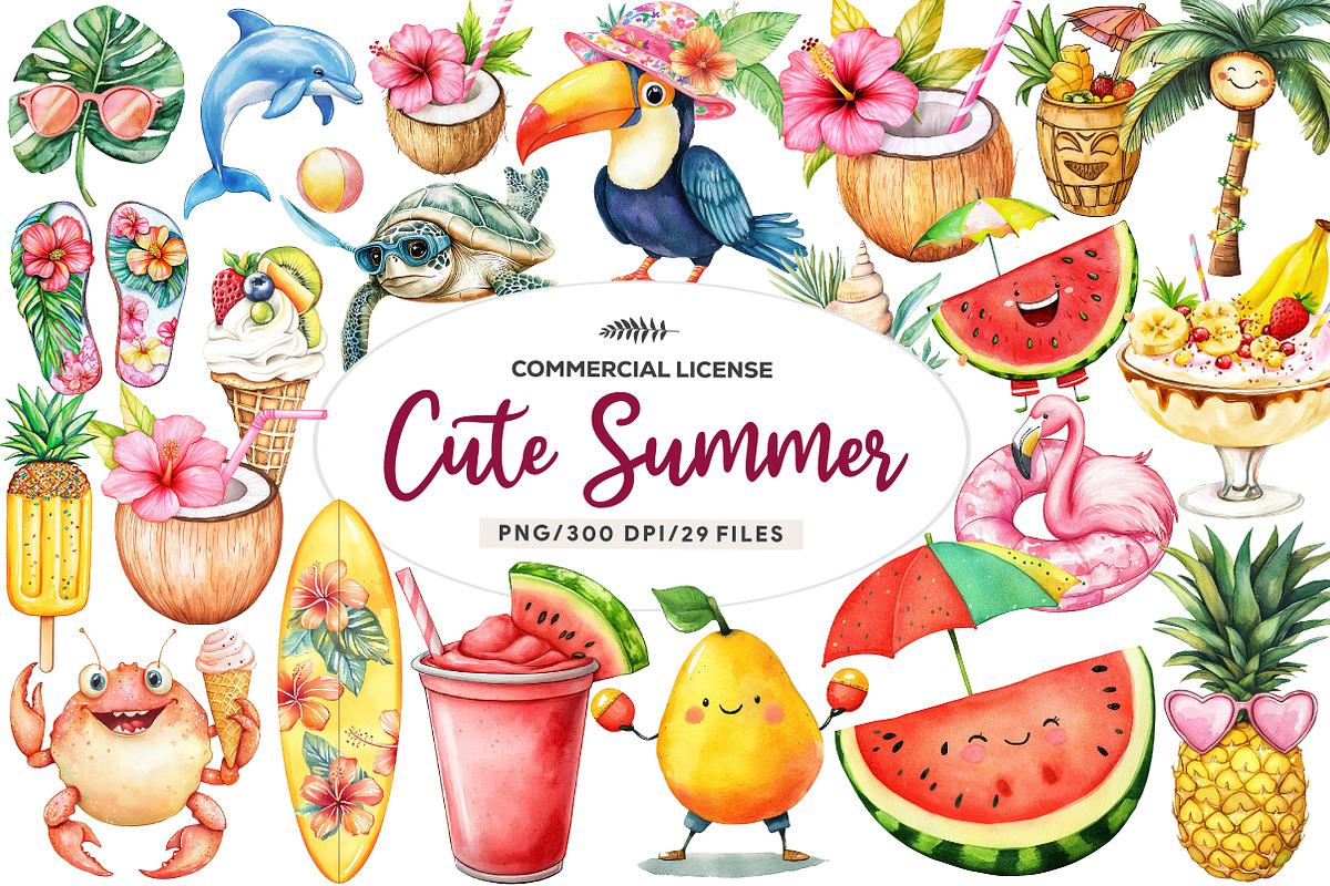 Tropical Clipart Watercolor, Cute, an Illustration by CreationArt (Photo 1 of 9)