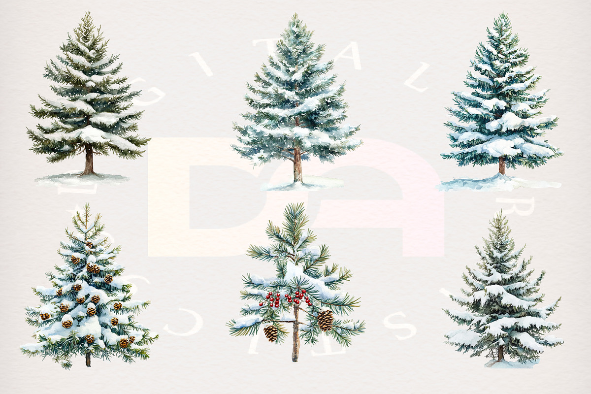 Watercolor Snowy Pine Trees Clipart, a Transportation Illustration by Digital Artistic99 (Photo 2 of 7)