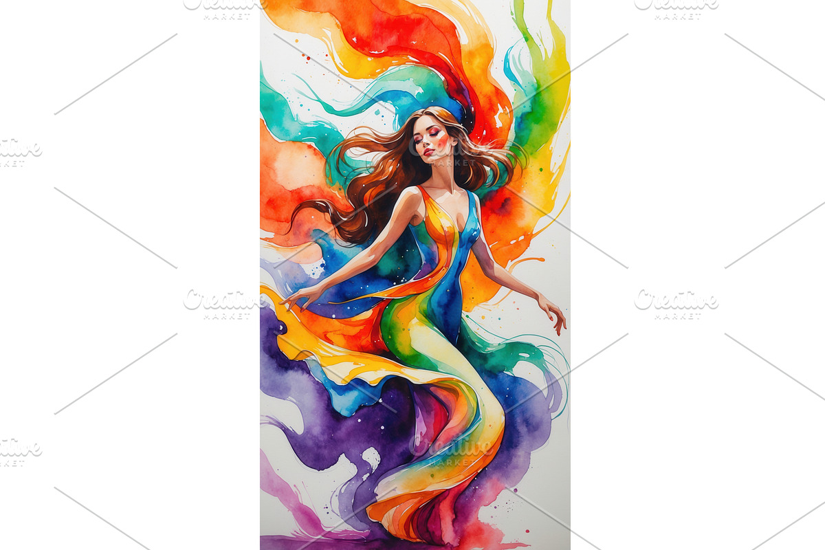 Woman in a flowing rainbow-colored, an Illustration by tilialucida