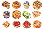 Pastries Watercolor Clipart Set, an Illustration by Watercolor design (Thumbnail 2 of 12)