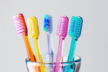 New toothbrushes in glass on white background, a Health & Medical Photo by AlyaAnd