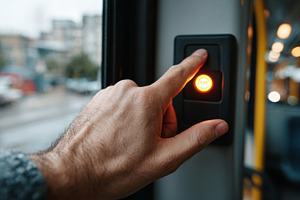 A close-up of a man's hand pressing the stop button on a bus, signaling the dri, a Business Photo by ImageMir