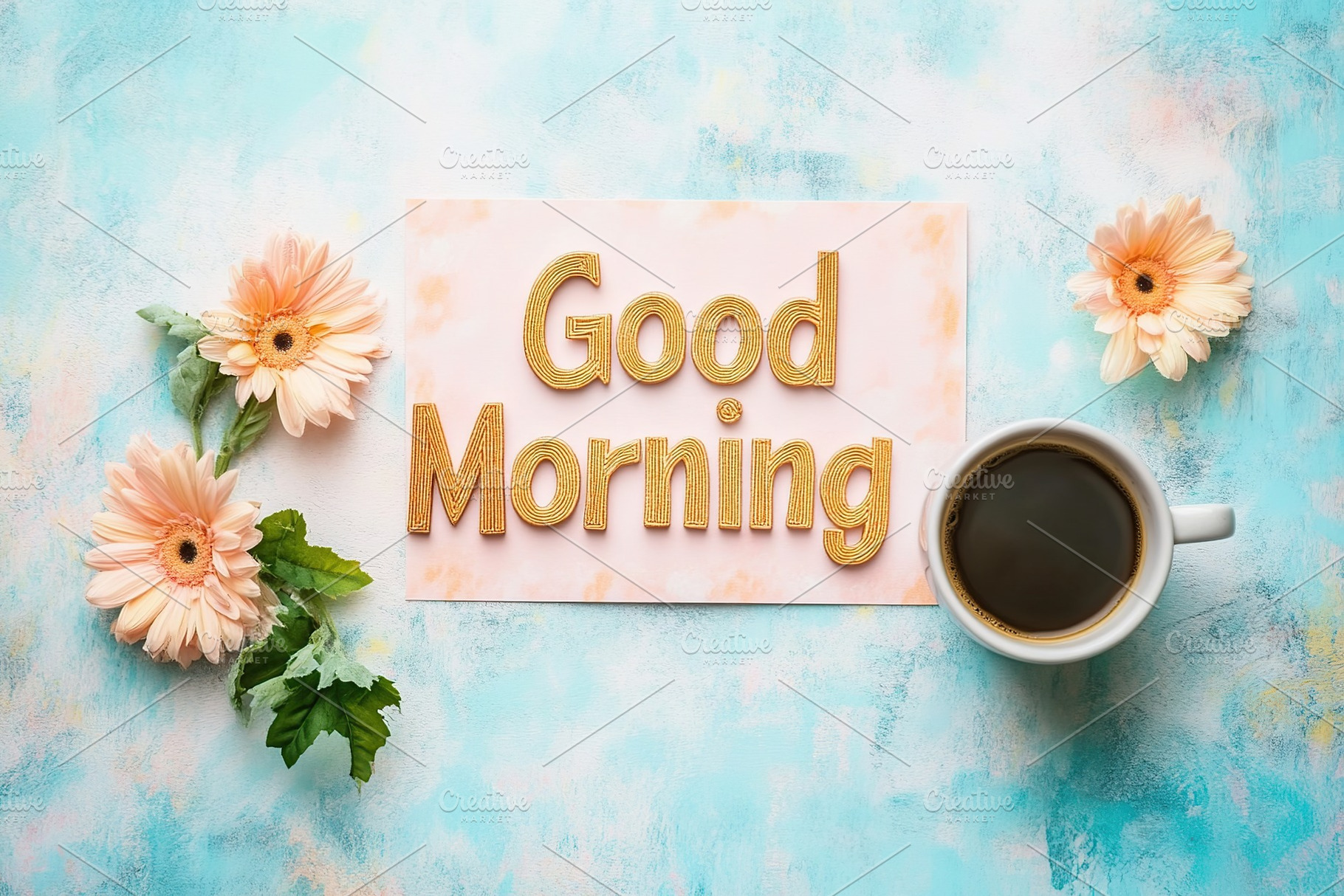 Inscription Good Morning with spring flowers and cup of coffee, a Background Photo by AlyaAnd