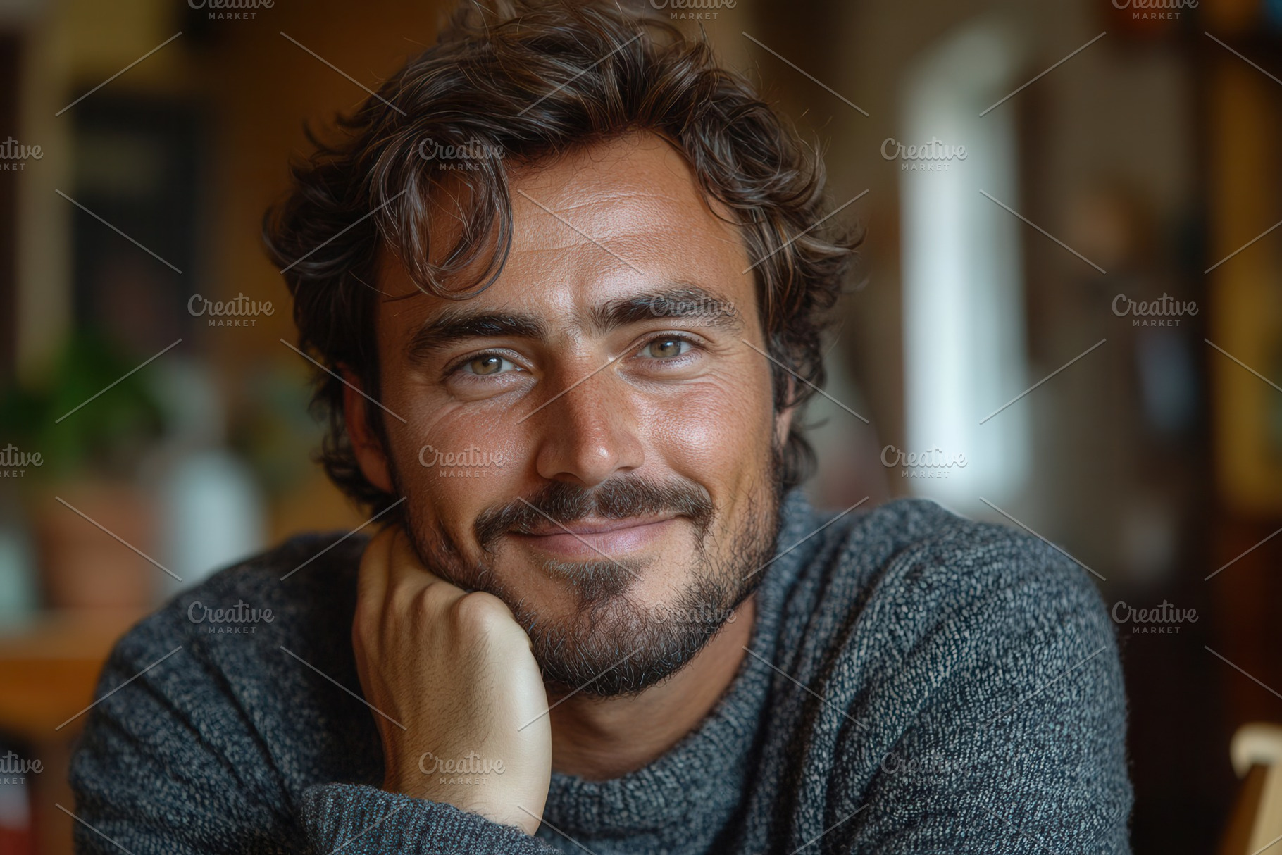Smiling man sits at a cozy cafe, enj, a Photo by Tanuart