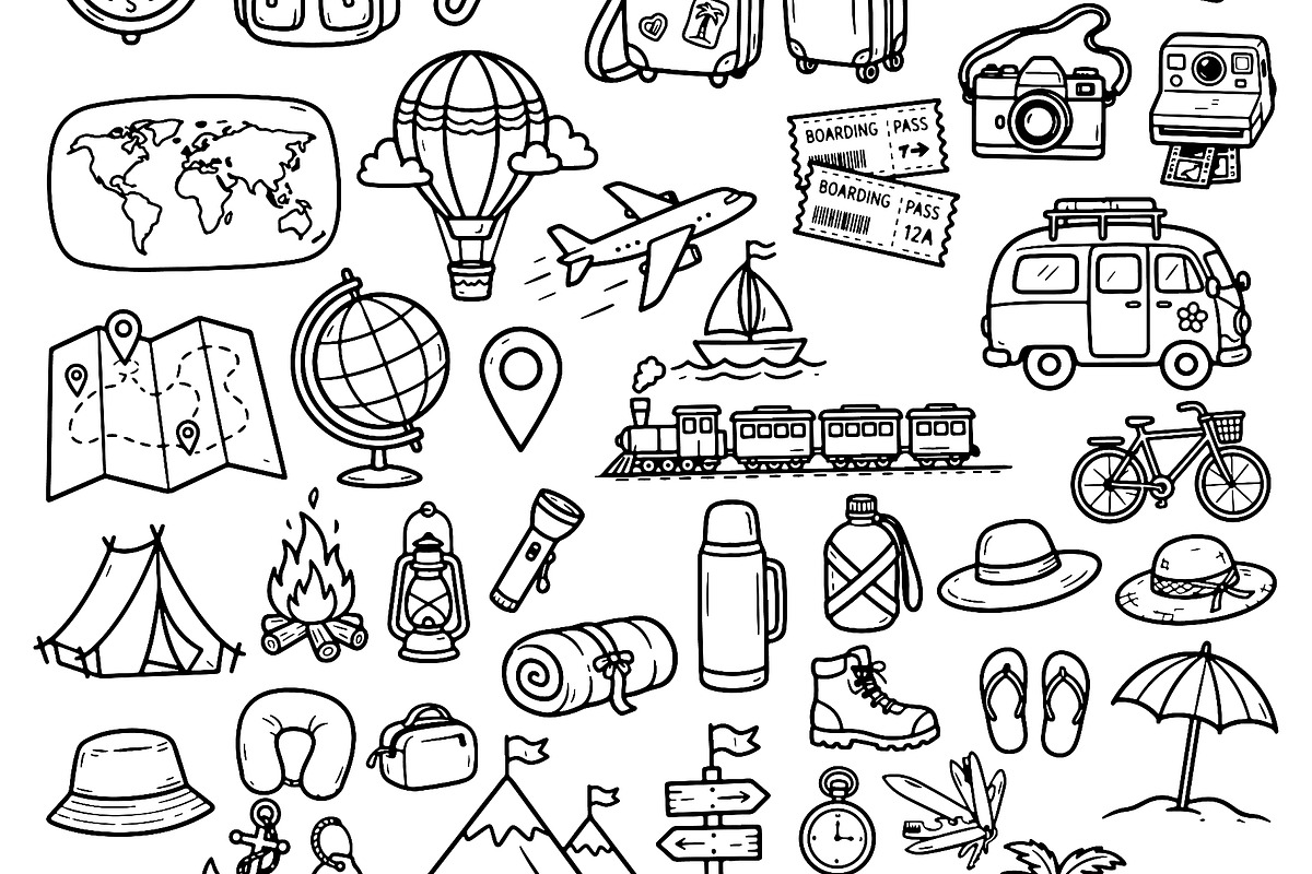 Set of travel outline doodle signs, a Transportation Illustration by Voodz_shop (Photo 2 of 3)