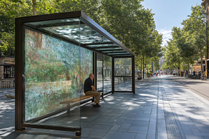 Solitary Moment at Modern Glass Bus Stop on a Sunny Urban Street, a Transportation Photo by Ocean Digital Art