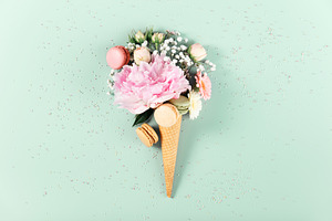 Floral Ice Cream Cone with Macarons and Sprinkles, a Holiday Photo by Natalia Klenova's Shop