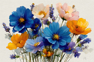 Vibrant Cosmos Bouquet Blue Orange P, a Photo by Pixeness Studio