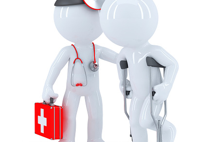 Doctor helps a man on crutches