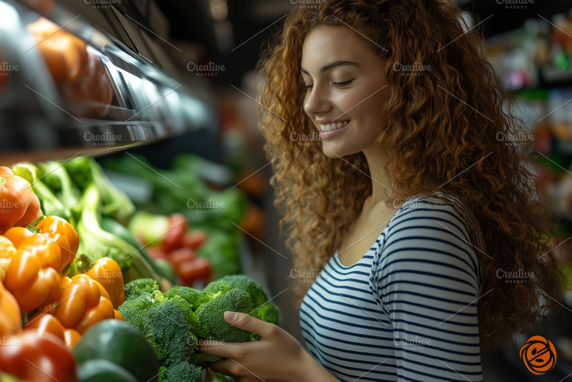 Smiling young woman selecting fresh broccoli in a vibrant grocery store filled, a Person Photo by ImageMir