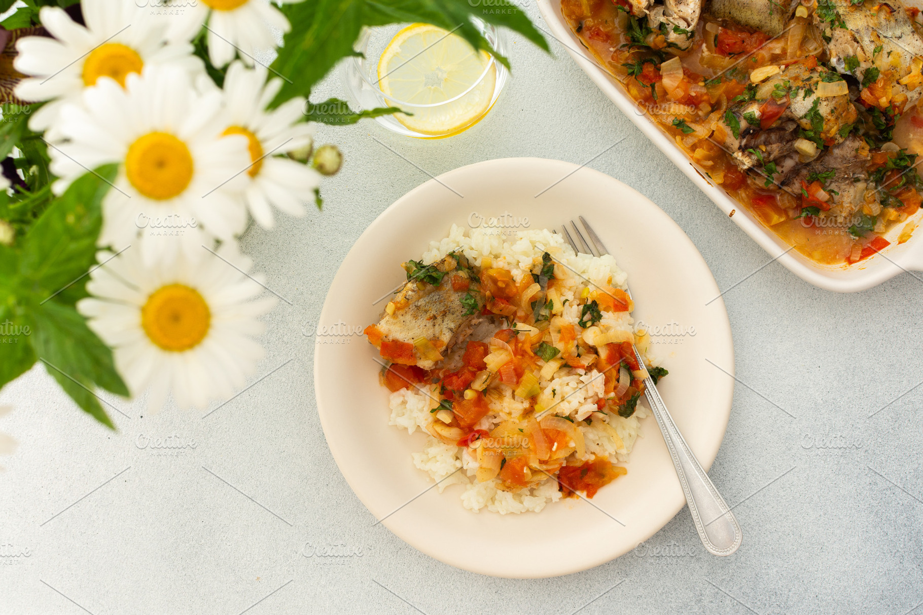 White rice with baked vegetables, a Food & Drink Photo by Pundateam
